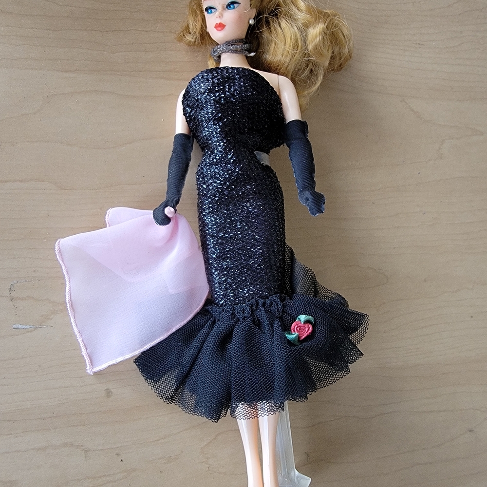 Barbie Black Sequin Evening Dress with Pink Scarf